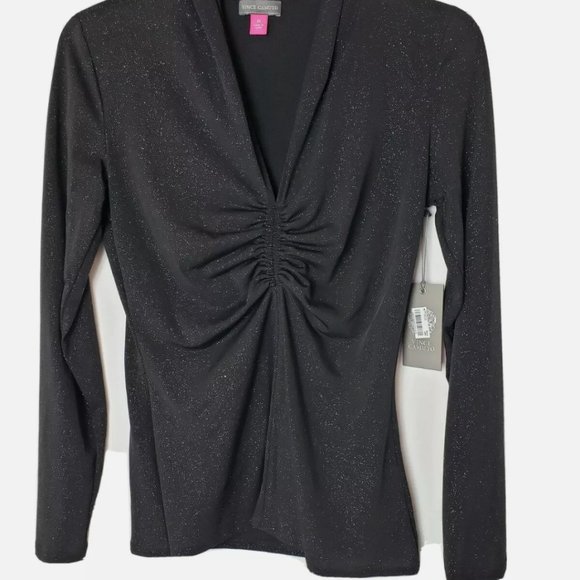 Vince Camuto Sparkle Ruched Top Rich Black XS - Picture 2 of 8